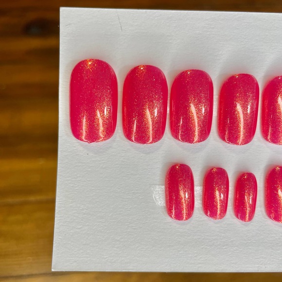 Hot Pink w Orange Gold Shimmer Polished & Glazed Nails|Press On Nails|V Day Mani - Picture 3 of 10